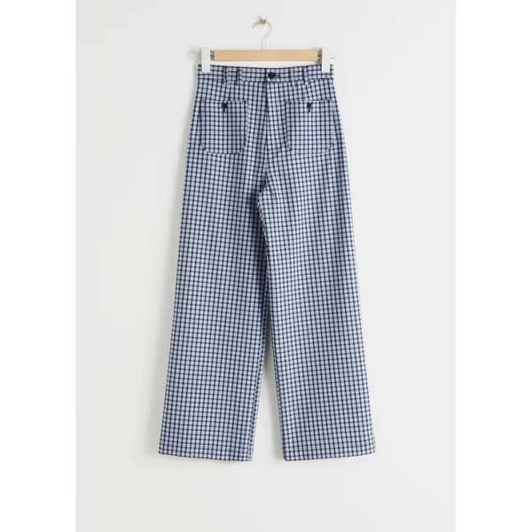 & Other Stories Blue Plaid Kick Flare High Rise Patch Pocket Trousers Size 12 - Image 4
