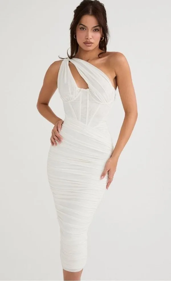 House of CB Valentina Ivory Asymmetric Cutout Midi Dress - Image 4