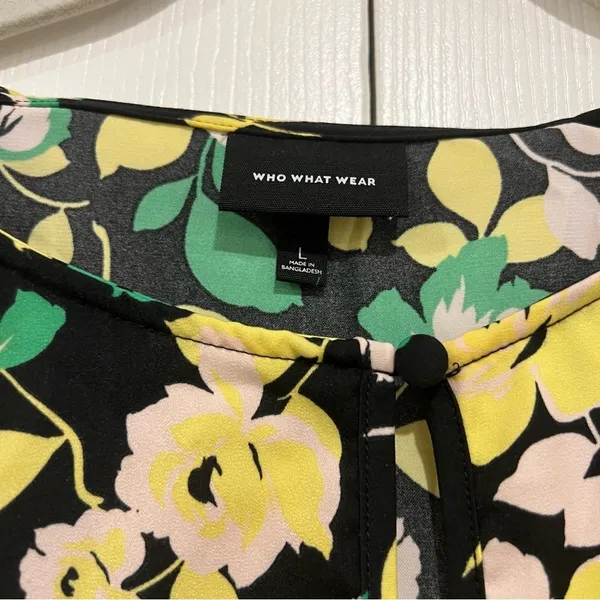 WHO WHAT WEAR Balloon Long Sleeve Keyhole Top‎ Black Green Floral Womens Large - Image 6