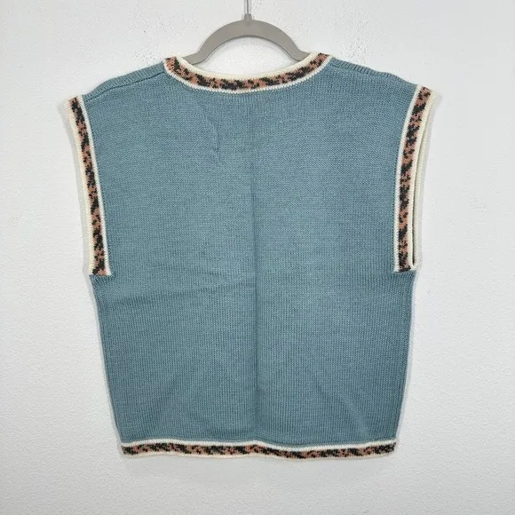 Russ Petites Blue Sweater Vest Women's Size S Floral Motif Leopard Trim‎ Knit - Image 8