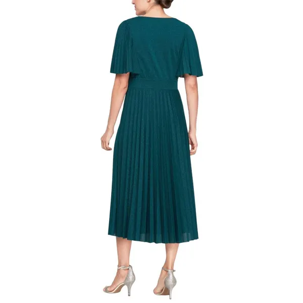 NWT SLNY Womens Lurex Surplice Neck Pleated Dress 9128105 Spruce Green 4 - Image 2