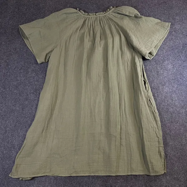 Old Navy Womens Olive Green Cotton Gauze Ruffle Neck Shift Dress Large Short Slv - Image 2