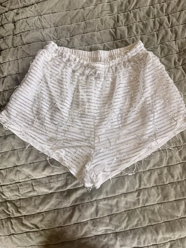 White Sequin Fringe Tassel Pull-On Shorts Festival Bridal Beach Boho - Image 2