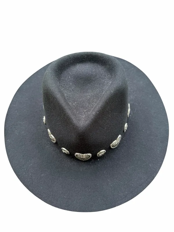 Wyeth Rochelle Boater Hat Black Wool Felt Western Heart Concho Vintage Cowgirl - Image 8