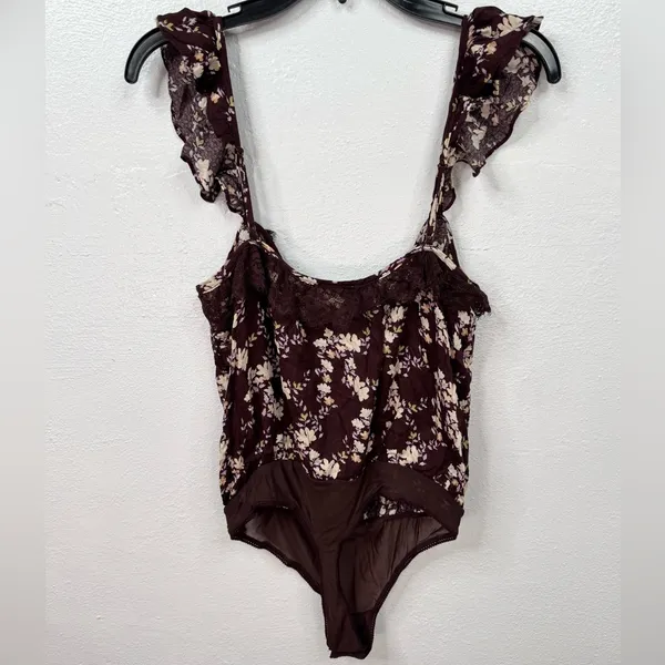 Free People Intimately Bodysuit Womens S Brown Floral Lace Ruffle Thong - Image 3
