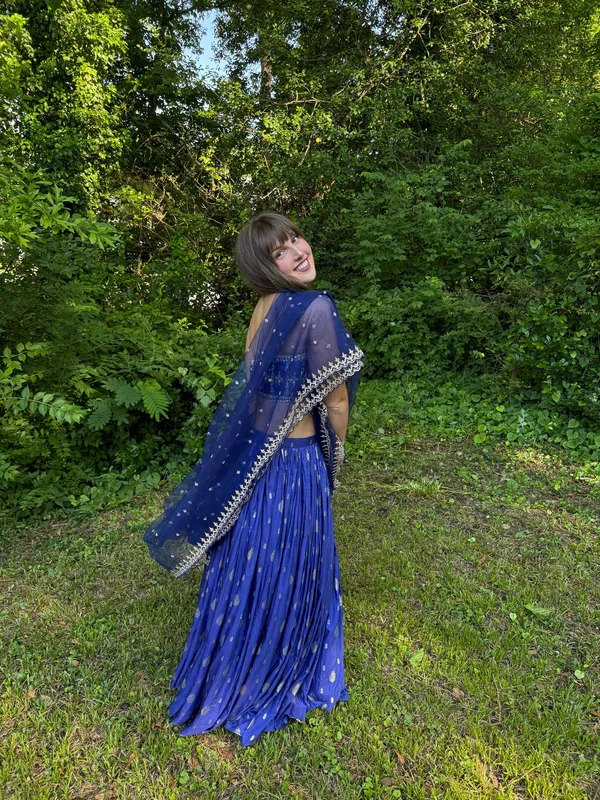 Royal Blue Embroidered Brocade Lehenga - Image 4