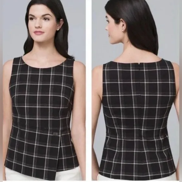 White House Black Market sleeveless black and white plaid asymmetrical hem top - Image 5