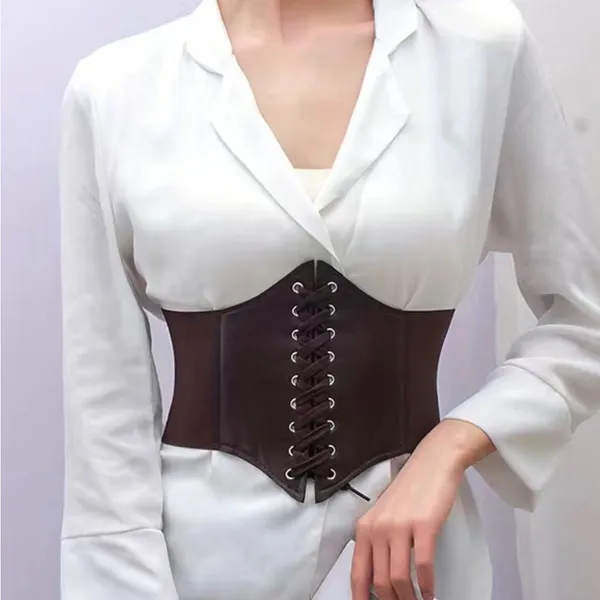 Vintage Style Brown Faux Leather Lace Up‎ Elastic Girdle Casual Wide Waistband - Image 6