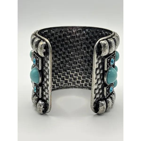 Boho Silver Tone Tuquioise Blue Cabochon Rhinestone Cuff‎ Bracelet Chunky - Image 4