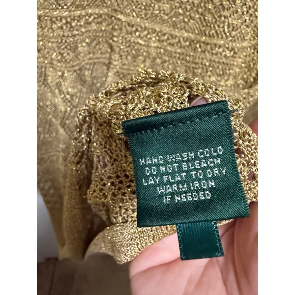 Lauren Ralph Lauren‎ Gold Metallic Pointelle Knit Crochet Sweater Top Womens M - Image 7