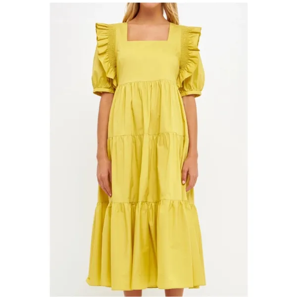 English Factory Chartreuse Square Neck Flutter Sleeve Tiered Midi Dress Sz S 🧡🍄 - Image 15