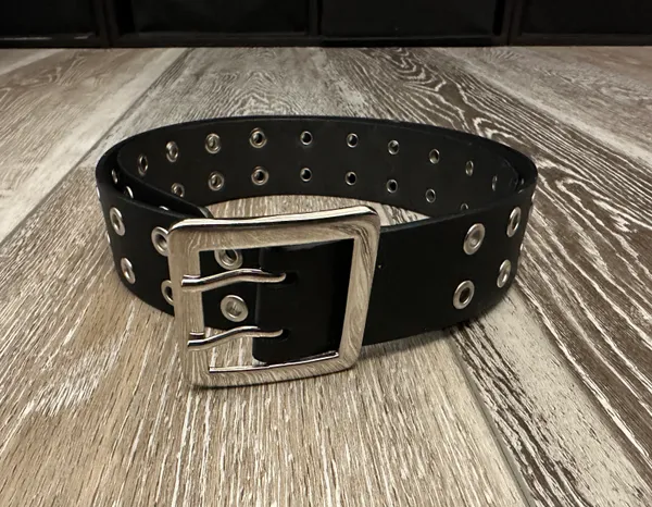 Black Faux Leather Belt W Silver Buckle Bought At - Image 3
