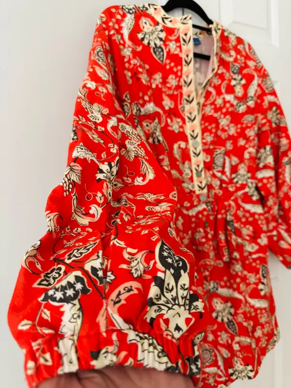 Farm Rio Button Front Balloon Sleeve Printed Romper, Size L - Image 7