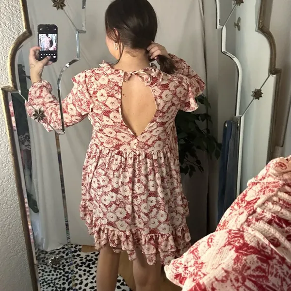 Free People These Dreams Red Floral Print Pleated Mini Dress in Tea Combo - Image 4