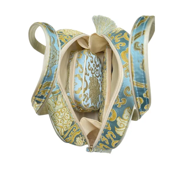 Vtg 60s Baby Blue Gold Chinoiserie Vanity Case 3pc Cosmetic Travel Bag Set - Image 3
