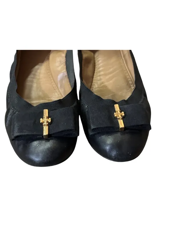 Tory Burch Black Leather Ballet Flats Gold Logo Women's Size 8.5 Used and Box - Image 2