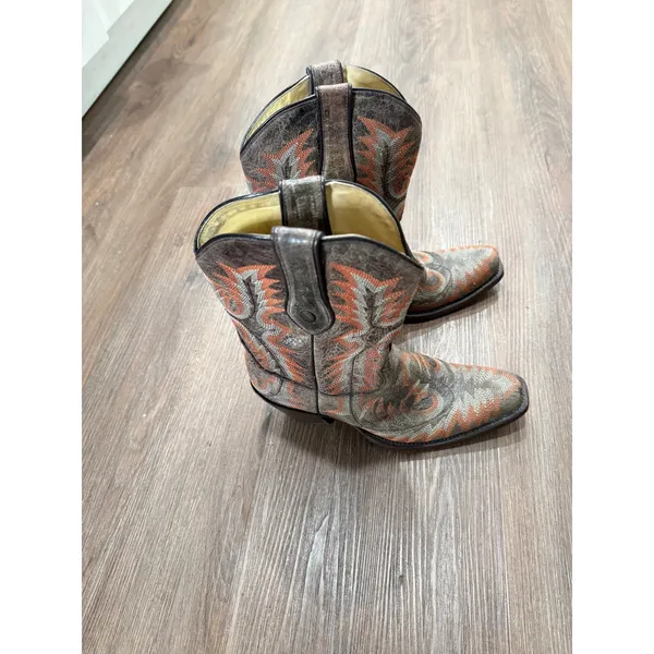 Corral Women‎ Grey Orange Embroidered Leather Snip Toe Western Cowboy Boots - Image 4