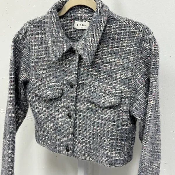 Boutique Storia Tweed Like Cropped Button Jacket‎ Top Dusty Gray Small - Image 5