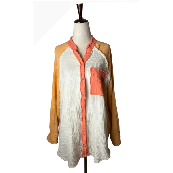 Aerie‎ Gauzy Coverup Shirt Women Small Mango White Colorblock Cotton Oversized - Image 2