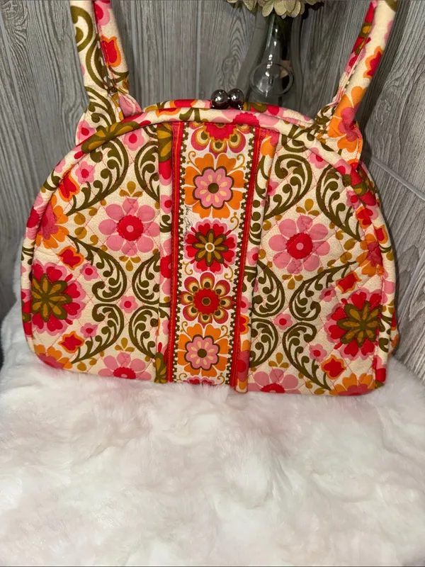 Vera Bradley Floral Quilted Handbag-Pink, Olive & Orange - Image 3