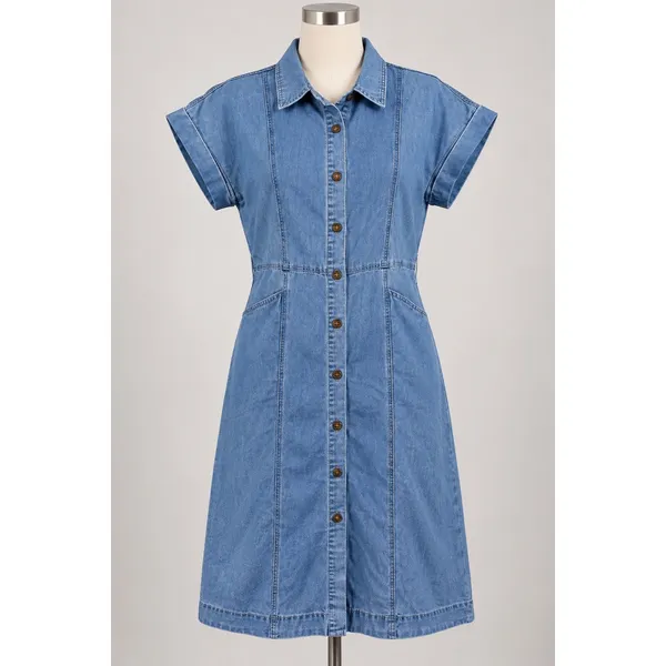 Blue Denim Short Sleeve Button Front Midi Shirt Dress Light Wash Small - Image 2