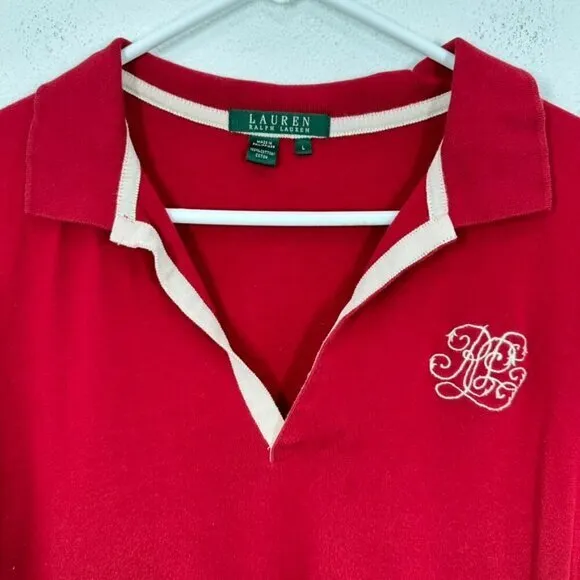 Lauren Ralph Lauren Size Large Vintage V Neck Polo Embroidered Monogram Preppy - Image 5