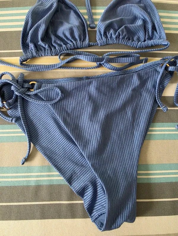 Aerie Blue Ribbed String Bikini Set XL - Image 3