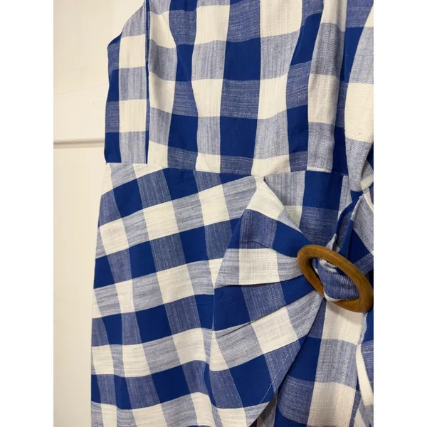 Blue Pepper Blue White Gingham Mini Wrap Dress Wooden Buckle Summer Picnic L - Image 9