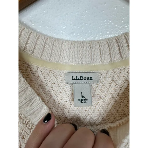 LL Bean Womens‎ Cream Cotton Textured Diamond Knit Crewneck Sweater 290401 Large - Image 3