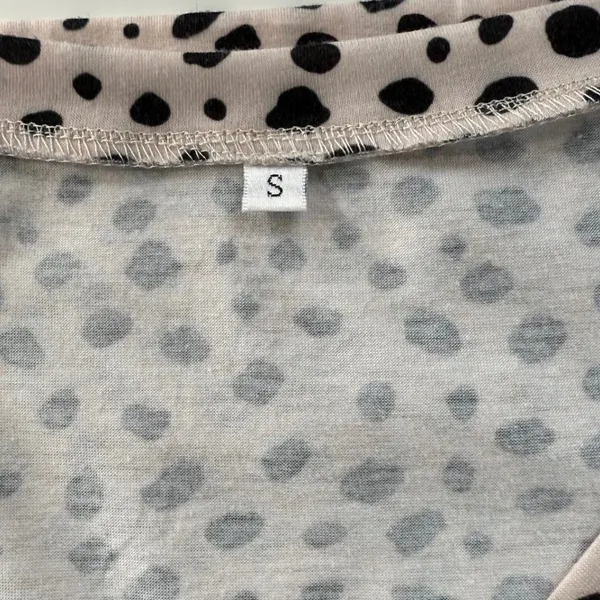 Tan Beige Black Dalmatian Print V Neck Blouse Sheer Swiss Dot Mesh Puff Sleeve S - Image 4