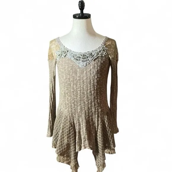 Scully Beige Lace Crochet Knit Asymmetrical Hem Forrest‎ Fairy Grunge Tunic Top - Image 2