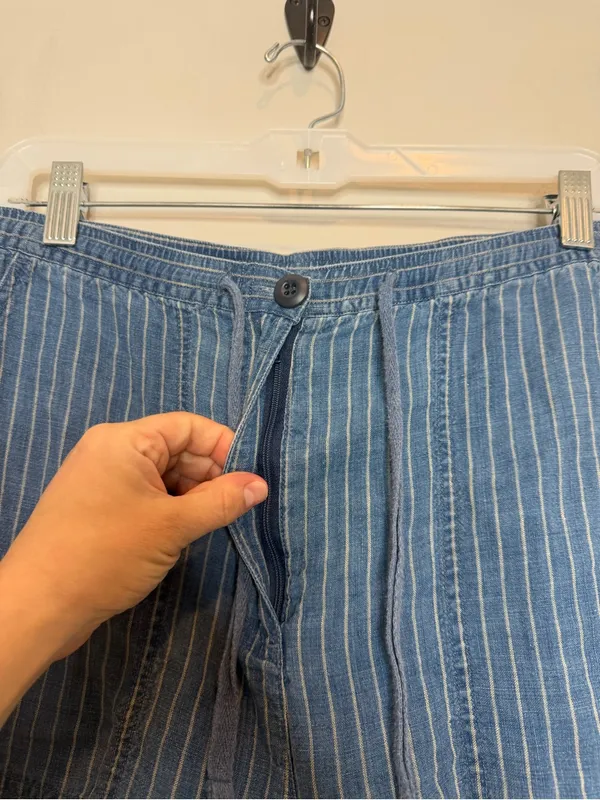 Vintage Lauren Ralph Lauren Linen Pants Womens M Blue Stripe Drawstring Y2K - Image 2