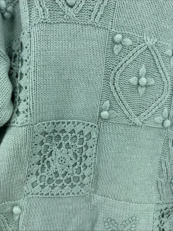 Melbourne Elements Pom Pom crochet Knit Patchwork Sweater sage L cottage - Image 8