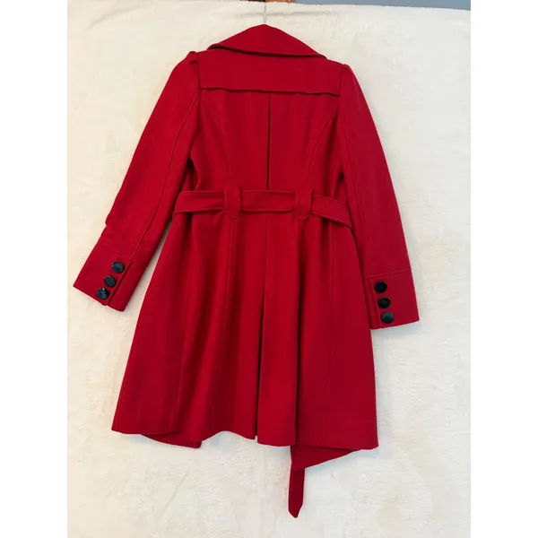 Guess Red Double Breasted Belted Pea Coat Women Size S Rouge Wool Blend Jacket - Image 11