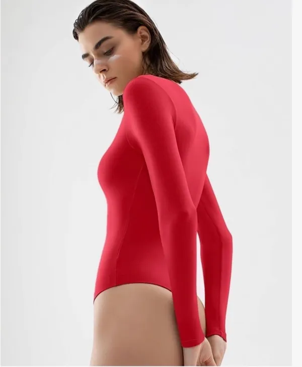 PUMIEY Women's Scoop Neck Long Sleeve Bodysuit Body-hugging Sexy Tops Smoke Cloud Collection - Image 2