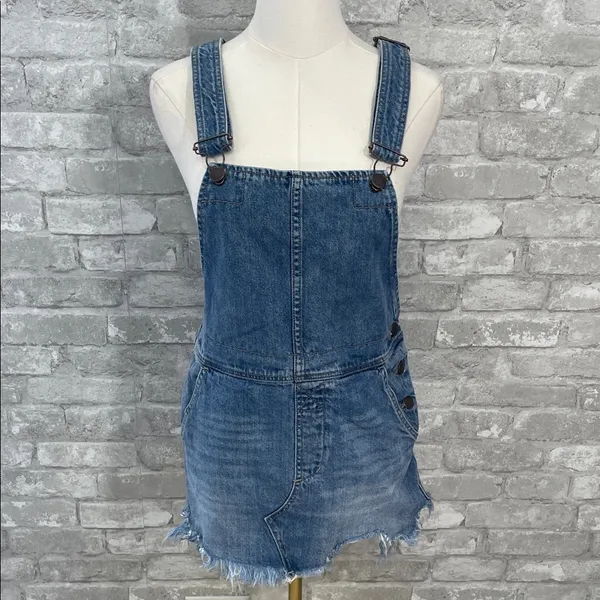 Free People Blue Denim Distressed Overalls Dress - Image 3