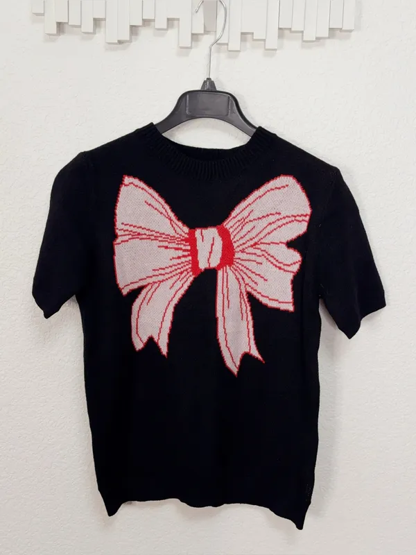 Miss Sparkling Black Pink Bow Graphic Short Sleeve Knit Sweater - Image 2