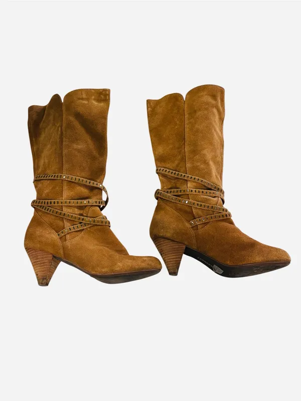 EXPRESS Suede Studded Strappy Cone Heel Boots Brown Sz 10 90’s, Y2K, Carmel - Image 5
