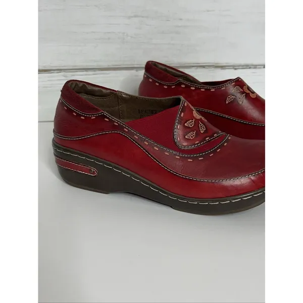 Spring Step L'Artiste Burbank Red Leather Floral Clogs Women EU 39 US 8 Wedge - Image 3