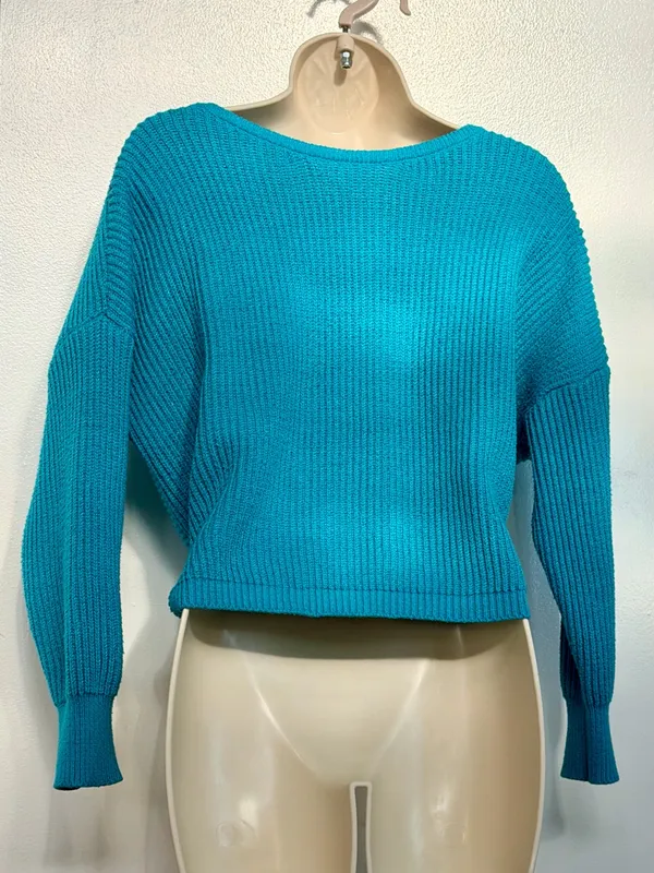 SHEIN Teal Wrap Sweater XS Ribbed Knit Crossover Cropped Long Sleeve US 2 - Image 7