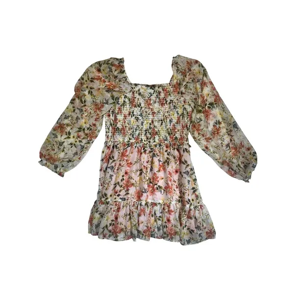 1 STATE Floral Smocked Square Neck Tiered Ruffle Mini Dress Women's Size L - Image 2