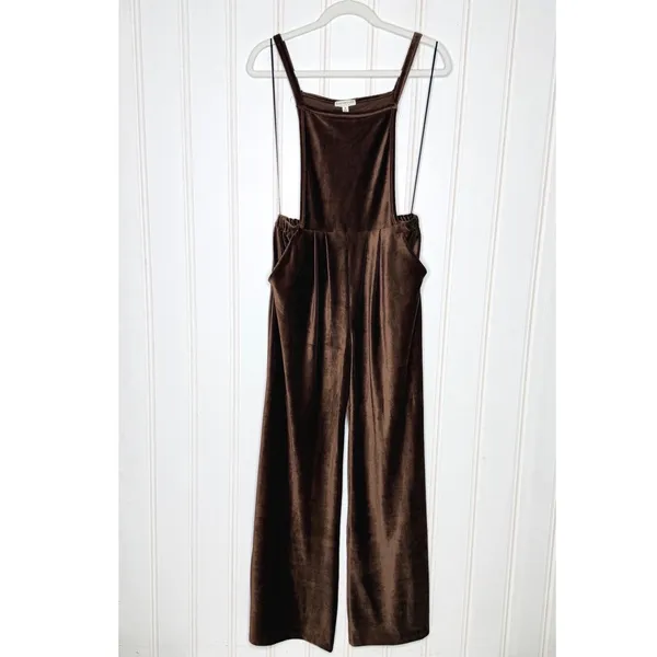 Earthbound Trading Co Brown Velvet Corduroy Wide Leg Overalls Jumpsuit Small NEW - Image 2