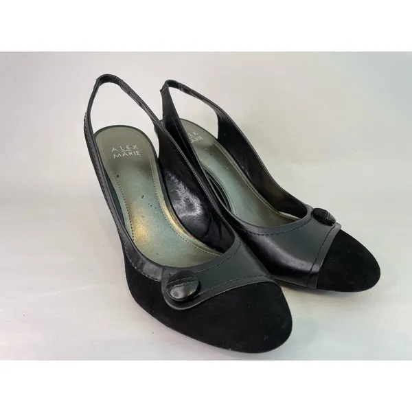 Alex Marie Pump Heels 10M Black Suede Slingback Button Detail Country Club - Image 2