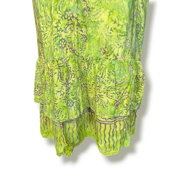 Vintage Lime‎ Green Batik Rayon Tiered Sundress Boho Tropical Midi Dress Artsy - Image 3