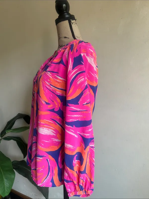 Lilly Pulitzer Elsa Plume Blume Flamingo Silk Long Sleeve Blouse Size Medium - Image 9