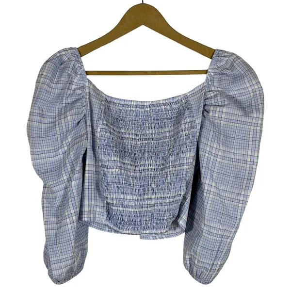 Stradivarius Knot Front Plaid Puff Sleeve Crop Top Blue Cottagecore Size S - Image 4