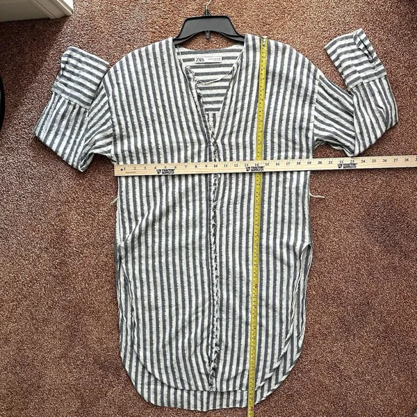 Zara Top Women’s XS Tunic White Blue Gold Stripe Button Down Long Sleeve Coastal - Image 9