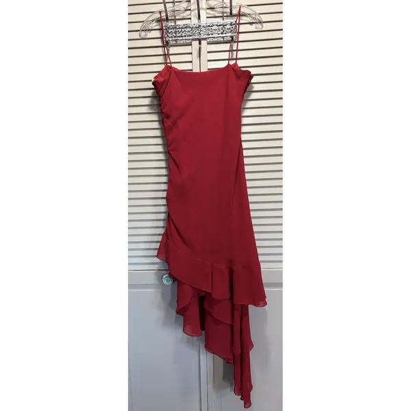 Let's Fashion Red Chiffon Asymmetrical Rhinestones Long Formal Gown Size S Lined - Image 5