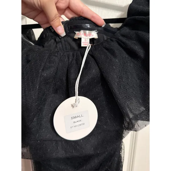 Black Tulle Ruffle Off Shoulder Ruched Mini Dress Coquette‎ Glam Cocktail Party - Image 4