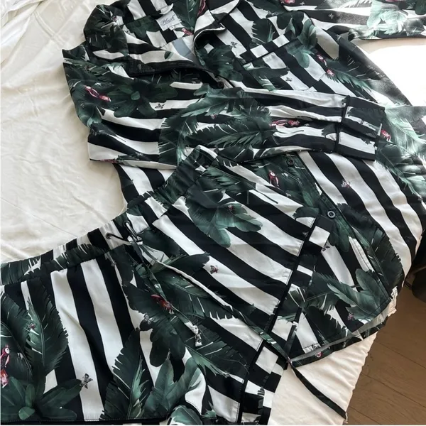 Revolve Plush Tropical Black White Striped Shirt and Short Sleep Set Leaf Print - Image 2